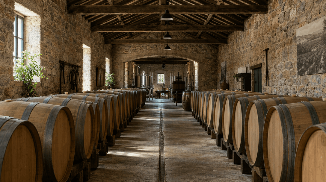 Interior de uma adega portuguesa com barricas sem marcas